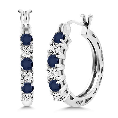 Gem Stone King 925 Sterling Silver Blue Sapphire and White Lab Grown Diamond Accent Hoop Earrings For Women (0.83 Cttw, 22MM = 0.85 Inches Diameter)