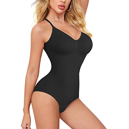 BRABIC Bodysuit Shapewear for Women Tummy Control Panties Seamless Sleeveless Tops V-Neck Camisole Jumpsuit (Black, Medium/Large)