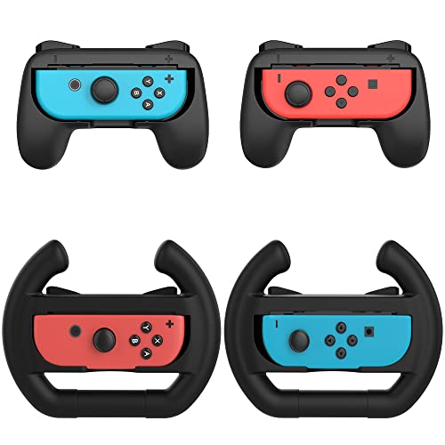 TALK WORKS Nintendo Switch + OLED Joy-Con Grips 4-Pack - 2 Wheels, 2 Mini Controllers - Joy-Con Handheld Joystick Remote Holders & Steering Wheel Controller Grips for Mario Kart Racing Games - Black