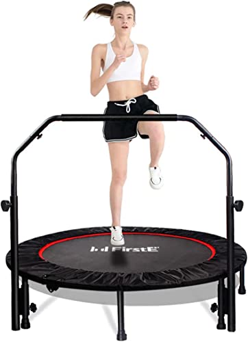 FirstE 48' Foldable Fitness Trampolines, Rebound Recreational Exercise Trampoline with 4 Level Adjustable Heights Foam Handrail, Jump Trampoline for Kids and Adults Indoor&Outdoor, Max Load 440lbs