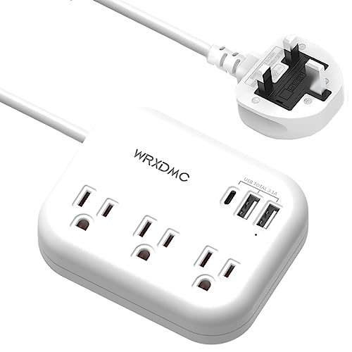 UK Ireland Travel Plug Adapter, WRXDMC US to UK Plug Adapter, Type G Travel Converter with 3 Outlets 3 USB(1 USB C Port), Power Adapter for US to Ireland Scotland Dubai Hong Kong England British Kenya