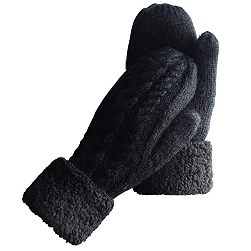 Women's Winter Gloves Warm Lining - Cozy Wool Knit Thick Gloves Mittens in 11 color (black)