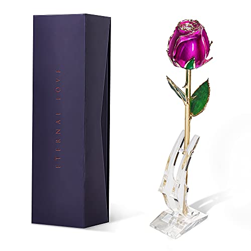 24K Gold Dipped Rose, Purple Real Rose Natural Shape with Crystal Stand, Mothers Day/Birthday/Anniversary/Valentines Day Gifts for Her/Wife/Girlfriend