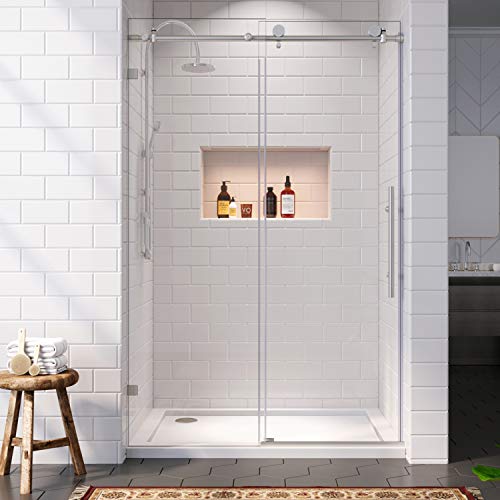 SUNNY SHOWER Sliding Shower Door 64 in. W x 72 in. H Frameless Shower Glass Door Glass Panel Shower Enclosure with 3/8 in. Clear Glass, Brushed Stainless Steel