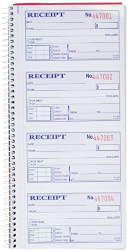 Adams Money and Rent Receipt Book, 2-Part Carbonless, 5-1/4' x 11', Spiral Bound, 200 Sets per Book, 4 Receipts per Page (SC1152)