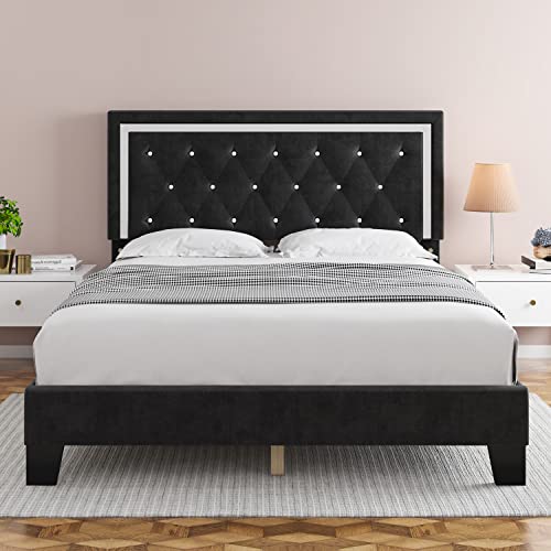 HITHOS Queen Bed Frame, Upholstered Platform Bed Frame with Modern Adjustable Headboard, Diamond Tufted Mattress Foundation with Wooden Slat Support, No Box Spring Needed, Easy Assembly (Queen, Black)