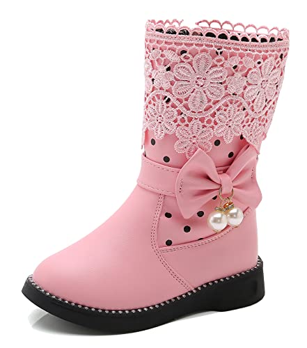 DADAWEN Girl's Waterproof Lace Bowknot Side Zipper Fur Winter Boots (Toddler/Little Kid/Big Kid) Pink(Update) US Size 2.5 M Little Kid