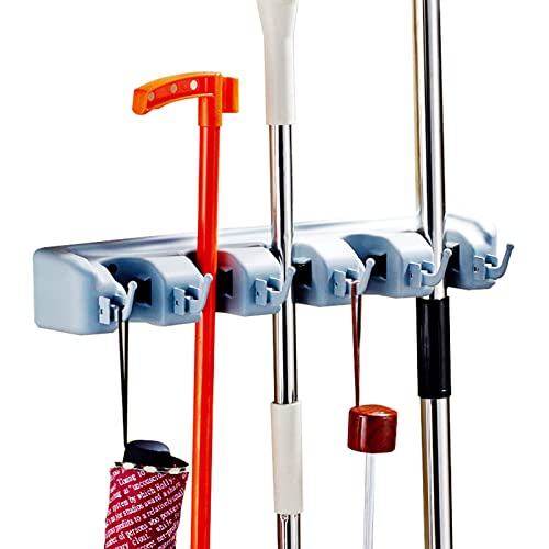 Yinuoday Mop and Broom Holder Wall Mount Heavy Broom Organizer Storage Tool Racks Duty Tool Organizer with 5 Slots 6 Hooks for Garden Garage,Laundry Organization