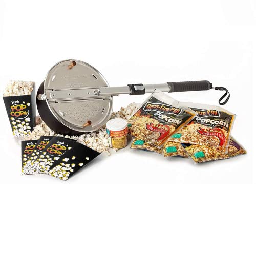 Campfire Popcorn Popper Starter Kit - The Original Whirley Pop Open Fire Popcorn Popper With Popcorn Kit, Aluminum Campfire Popcorn Maker, Popcorn Pot for Campfire Popcorn (By Wabash Valley Farms)