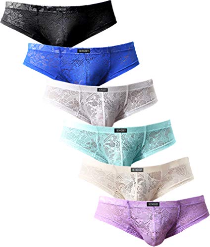 IKINGSKY Men's Cheeky Boxer Briefs Sexy Thong Underwear Breathable Lace Mens Panties (Large, 6 Pack)