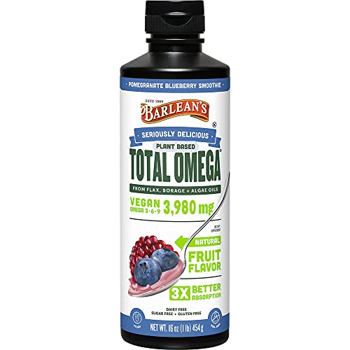 Barlean's Total Omega-3 Vegan Pomegranate Blueberry Smoothie from Algal Oil, Flaxseed Oil and Borage Oil – 3,980 mg of Omegas-3, 6 and 9 – All-Natural Fruit Flavor, Non-GMO, Gluten-Free - 16 oz…