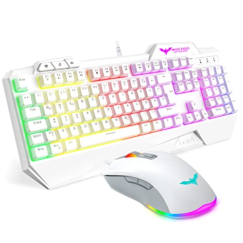 havit Keyboard Rainbow Backlit Wired Gaming Keyboard Mouse Combo, LED 104 Keys USB Ergonomic Wrist Rest Keyboard, 4800 DPI Mouse for PC Gamer (White)