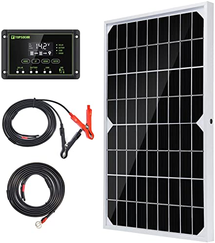Topsolar 10W 12V Solar Panel Trickle Charger Battery Maintainer Kits + 10A PWM LCD Solar Charge Controller + Adjustable Mount Tilt Rack Bracket + Solar Cable for Car RV Marine Boat Off Grid System