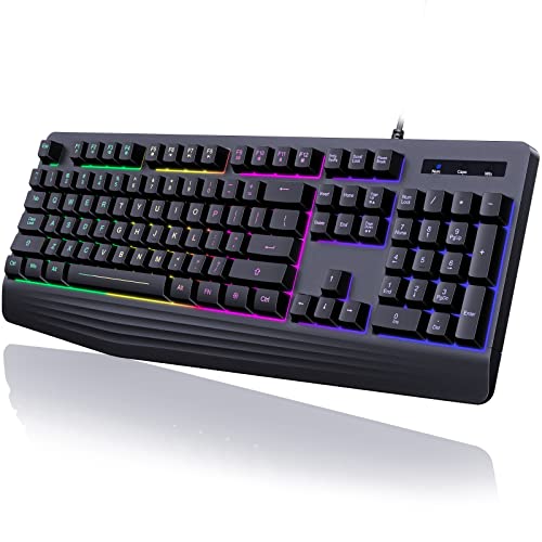 Gaming Keyboard, 7-Color Rainbow LED Backlit, Yesbeaut 104 Keys Quiet Light Up Keyboard with Wrist Rest, Multimedia Keys, Whisper Silent, Anti-ghosting Keys, Waterproof USB Wired Keyboard for Mac Xbox