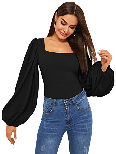 ROMWE Women's Long Puff Sleeve Square Neck Slim Fit Crop Tops Blouse Sweatshirt Black Medium