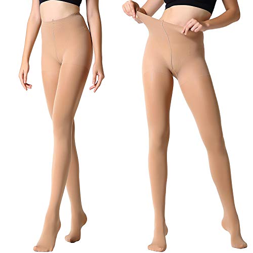 MANZI 2 Pairs Run Resistant Control Top Panty Hose Opaque Tights(Medium, Suntan)