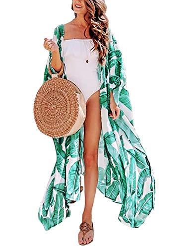 Women's Beach Blouses Kimono Floral Print Green Banana Leaf Cardigan Long Bikini Cover Up Dress