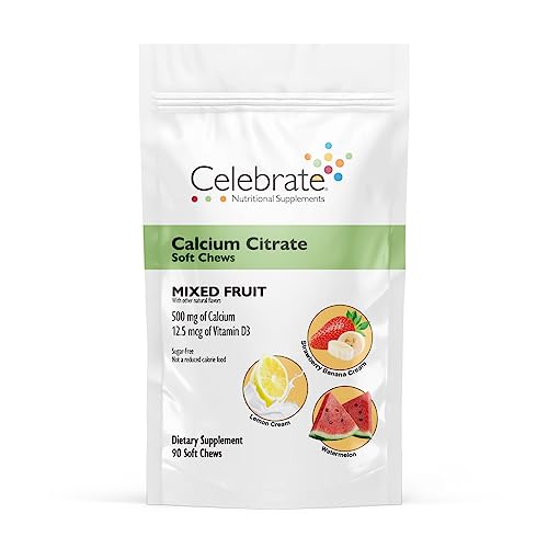 Celebrate Vitamins Bariatric Calcium Citrate Soft Chews with Vitamin D3, 500mg, Sugar-Free & Gluten-Free Calcium Citrate for Bariatric Patients, Mixed Fruit, 90 Count