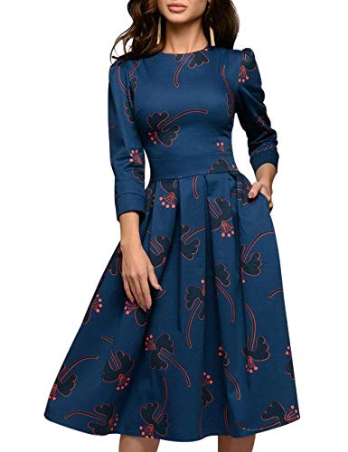 Simple Flavor Women's Floral Evening Flare Vintage Midi Dress 3/4 Sleeve (0658BL, XL)