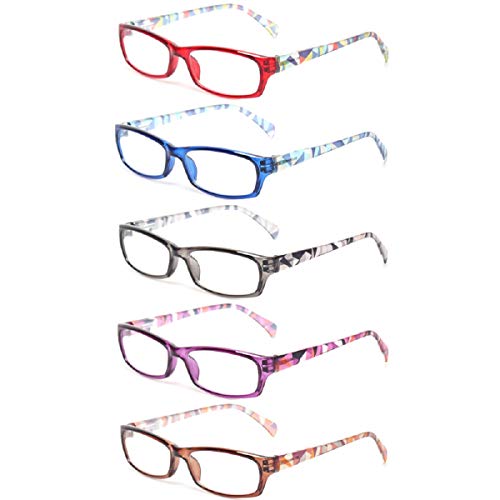 Reading Glasses 5 Pairs Fashion Ladies Readers Spring Hinge with Pattern Print Eyeglasses for Women (5 Pack Mix Color, 1.0)