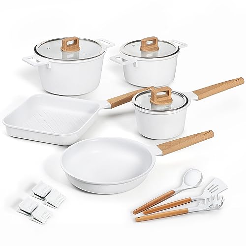 Nonstick Cookware Set Non Toxic 100% PFOA Free Compatible Induction Pots and Pans Sets with Glass Lids (Pack-In-15, White)