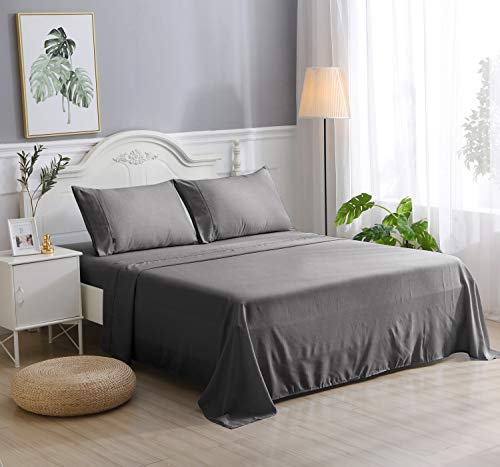 Ramesses 4-PC Summer Cooling Sheet Set, 35% Viscose from Bamboo Fiber and 65% Microfiber, Wrinkle Free Fabric, Light Soft Silky Hotel Bamboo Fiber Sheets with 16' Deep Pockets(Charcoal, Full)