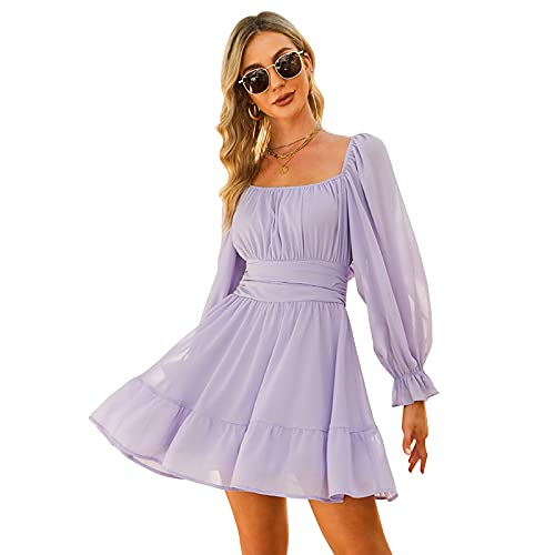 EXLURA Women Tie Back Summer Dresses Long Lantern Sleeve Square Neck Ruffle Elastic Waist Aline Casual Mini Dress