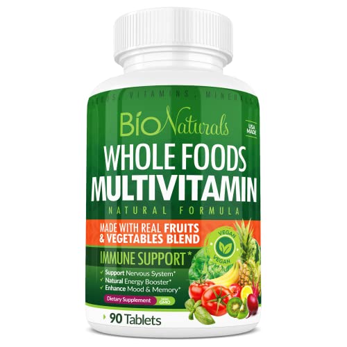 Bio Naturals Whole Foods Multivitamin For Men & Women with 100+ Nutrients – Vitamins A B C D E, Minerals, Herbs, Omega 3, Probiotics, Organic Extracts – No GMOs, No Gluten, 100% Vegan – 90 Count