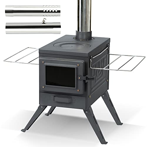 Wood Tent Stove with Large Firebox, Portable Wood Cook Stove Include Spark Arrestor and Damper, Wood Burning Heater for Camping and Indoor Use