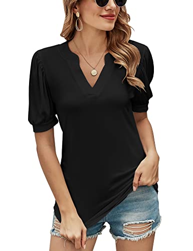 Romanstii Women V Neck Shirts Puff Sleeve Blouse Top Loose Clothes,Black,XL