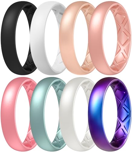 Egnaro Silicone Ring Women, Inner Arc Ergonomic Breathable Design Womens Silicone Wedding Ring, 4mm Width - 1.5mm Thickness Rubber Wedding Bands Women - 7 Rings / 4 Rings / 1 Ring Anniversary Rings