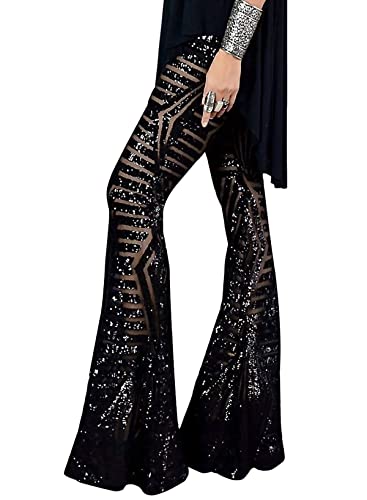 AZOKOE Women Glitter Sequin High Waist Flare Pants Bell Bottoms Party Cocktail Long Panty Black L 12 14