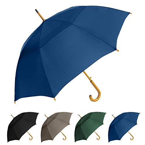 STROMBERGBRAND UMBRELLAS The Vented Urban Brolly 48' Arc Auto Open Large Classic Umbrella with Wooden Hook Handle, Vintage Style Heavy Duty Windproof Long Curved Handle Umbrella for Rain - Navy Blue