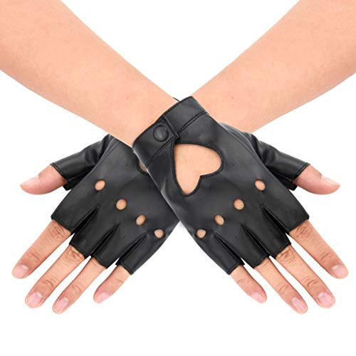 1Pair Women Heart Cutout Punk Half Finger PU Leather Gloves for Halloween Costumes, Dancing, Performance (Black)