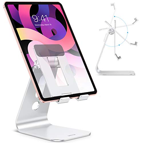 OMOTON Adjustable Tablet Stand for Desk, Upgraded Longer Arms for Greater Stability, T2 Tablet Holder with Hollow Design for Bigger Sized Phones and Tablets Such as iPad Pro/Air/Mini, Silver