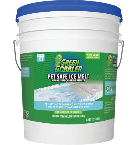 Green Gobbler Pet Safe Ice Melt Effective to -15° Fahrenheit | 35lb Pail | Fast Acting Treatment | Magnesium Chloride Ice Melt Pellets | No Concrete Damage