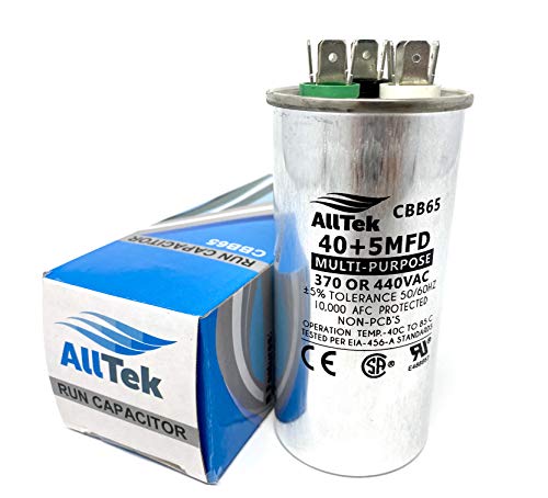AllTek 40 + 5 MFD 40/5 uf 370 or 440 Volt Dual Run Round Capacitor for Condenser Straight Cool or Heat Pump Air Conditioner - 5 Year No Hassle Warranty