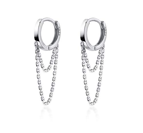 Reffeer 925 Sterling Silver Tassel Chain Drop Dangle Small Hoop Earrings Huggie for Women Teen (Silver)