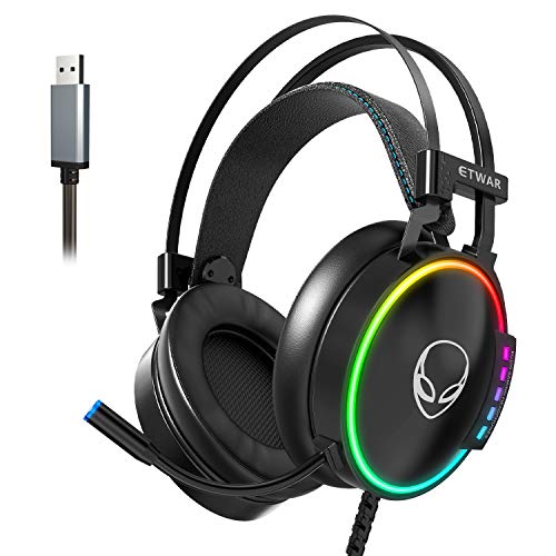 ETWAR USB Gaming Headset for PC - 7.1 Surround Sound Headphones with Noise Cancelling Microphone- RGB Lights Headphones for Laptops with Microphone