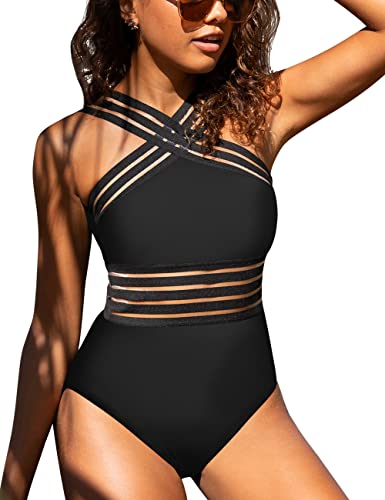 Hilor Women's One Piece Swimwear Front Crossover Swimsuits Hollow Bathing Suits Monokinis Black M/US8-10