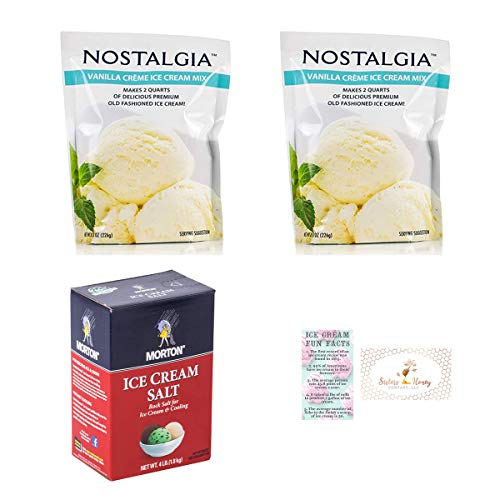 Nostalgia Vanilla Crème Ice Cream Mix (2- 8 oz packets) Bundled with 1 Box of Morton Ice Cream Salt (4 lbs.) and a Sisters Honey Ice Cream Fun Fact Card