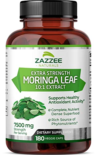 Zazzee Organic Moringa Oleifera 10:1 Extract, 7500 mg Strength, 100% Pure Superfood, 180 Vegan Capsules, Concentrated and Standardized 10X Leaf Extract, Vegetarian, Lab-Tested, Non-GMO, All-Natural