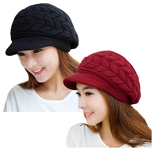 YSense Wear 2 Pack Women Winter Warm Knit Hat Slouchy Beanie Cap with Visor, A-Black&Wine red