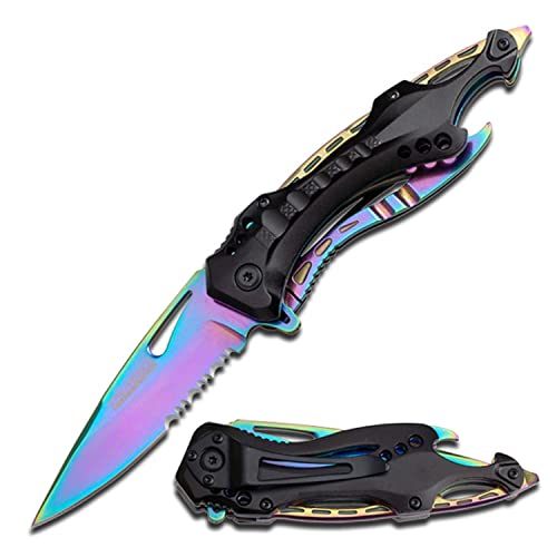 Tac-Force- Spring Assisted Folding Pocket Knife – Rainbow TiNite Coated Stainless Steel Blade with Black Aluminum Handle, Bottle Opener, Glass Punch and Pocket Clip, Tactical, EDC, Rescue - TF-705RB
