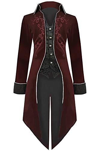 BITSEACOCO Mens Steampunk Tailcoat Halloween Costumes, Velvet Embroidered Victorian Tuxedo Jacket Gothic Vintage Frock Coat (XXX-Large, Wine-red)
