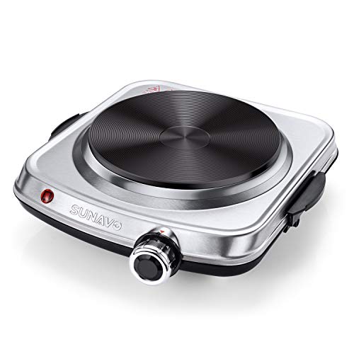 SUNAVO 1500W Hot Plates for Cooking, Electric Single Burner with Handles, 6 Power Levels Stainless Steel Hot Plate for Kitchen Camping RV and More Silver
