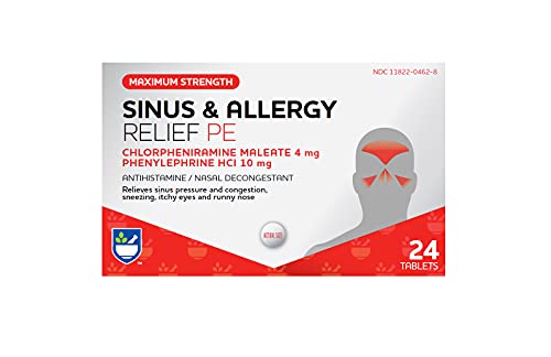 Rite Aid Sinus & Allergy Relief PE Tablets, Maximum Strength- 24 Count | Antihistamine and Nasal Decongestant | 4 Hour Allergy Medication | Allergy and Congestion Relief Tablets | Nasal Allergy Relief