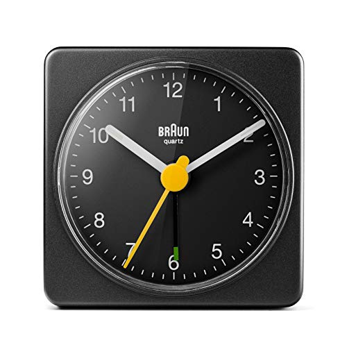 Braun Classic Travel Analogue Clock, Compact Size, Quiet Quartz Movement, Crescendo Beep Alarm in Black, Model BC02B