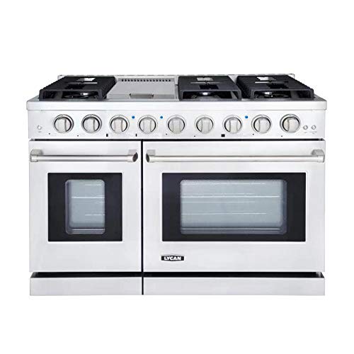 LYCAN 48 Inch Slide-in Freestanding Double Gas Range with 6 Sealed Burner Cast Iron Grates and Primary Convection Oven in Stainless Steel