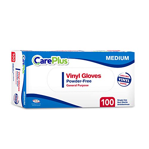 Care Plus Disposable Vinyl Gloves Medium Size| Heavy Duty | Non Sterile | Powder Free | Latex Free Rubber | 100 Count Box |food Safe